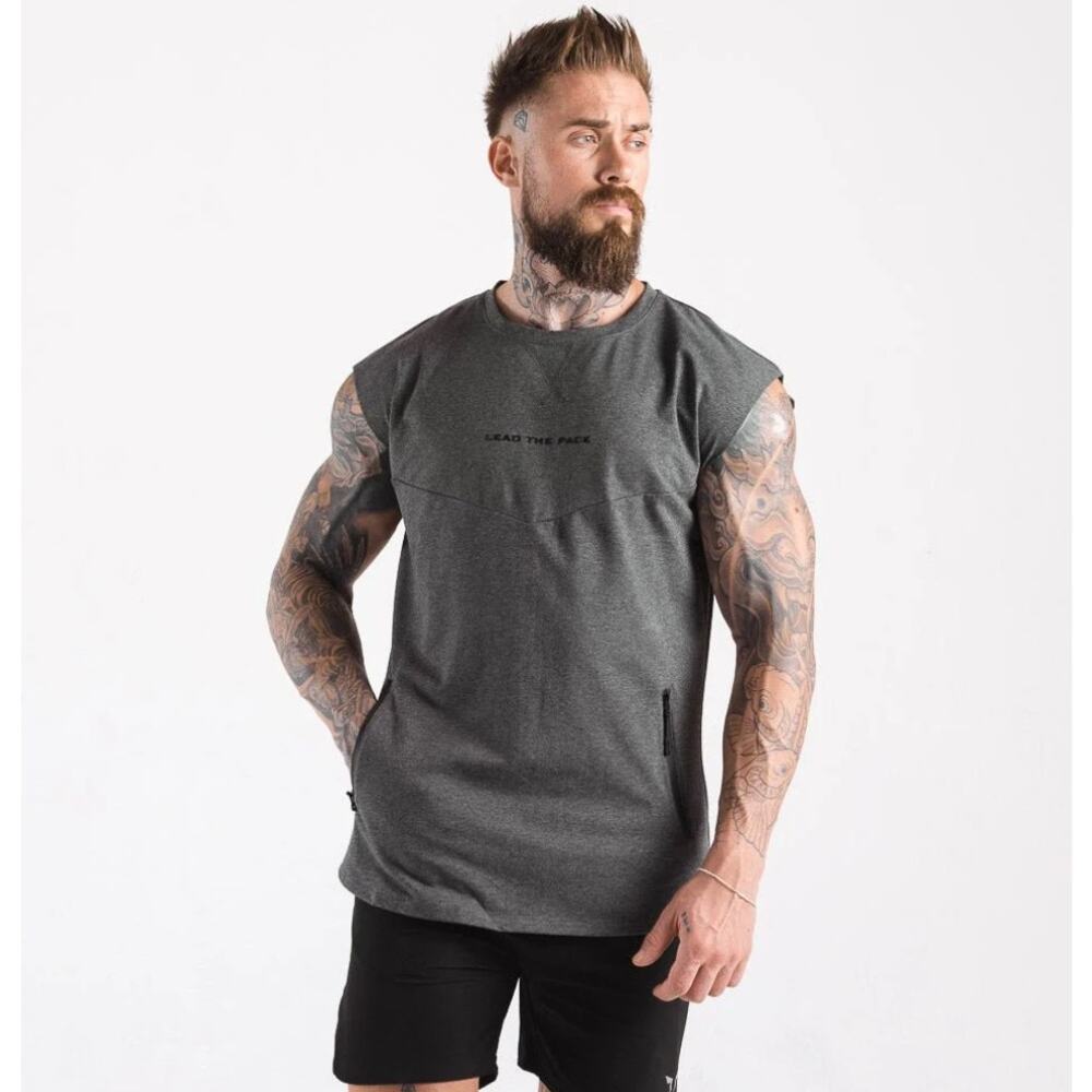 Squat Wolf Statement Shoulder Drop Tank Top Melange Gray Mens Med Zipped Pockets